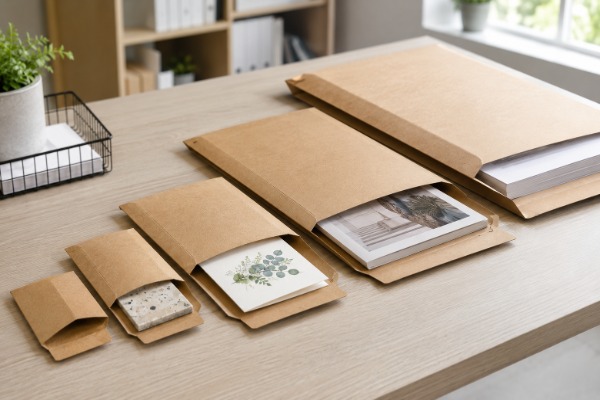 Different sizes of cardboard envelopes, from C4 options to A2 capacity options. 
